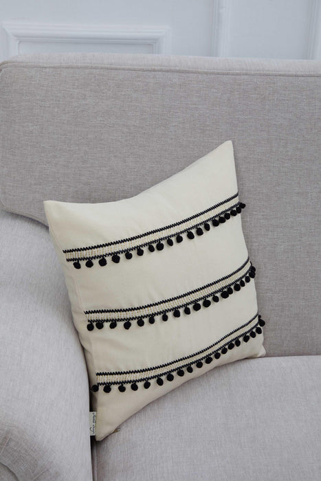 Chic Boho Pillow Cover with Fashionable Pom-pom Stripes, 18x18 Inches Cotton Polyester Blend Cushion Cover made from Duck Fabric,K-303