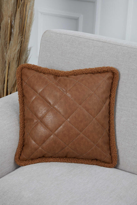 Luxe Faux Leather Quilted Pillow Cover with Teddy Edges, Solid Quilted Teddy Fabric Border Pillow Cover, 18x18 Inches Cushion Cover,K-305