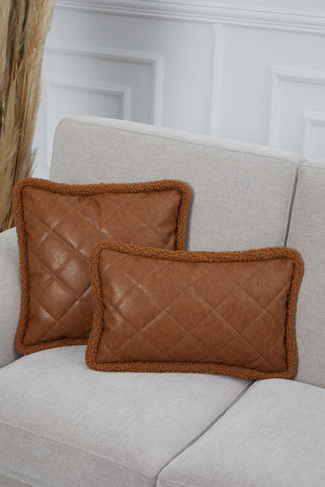 Luxe Faux Leather Quilted Pillow Cover with Teddy Edges, Solid Quilted Teddy Fabric Border Pillow Cover, 18x18 Inches Cushion Cover,K-305