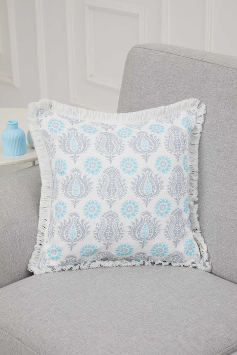 Anatolian-Patterned Cushion Cover with Fringed Edges and Cute Pom-Poms, 18x18 Inches Stylish and Decorative Throw Pillow Cover,K-311