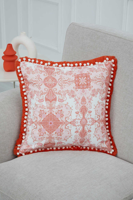 Anatolian-Patterned Cushion Cover with Fringed Edges and Cute Pom-Poms, 18x18 Inches Stylish and Decorative Throw Pillow Cover,K-311