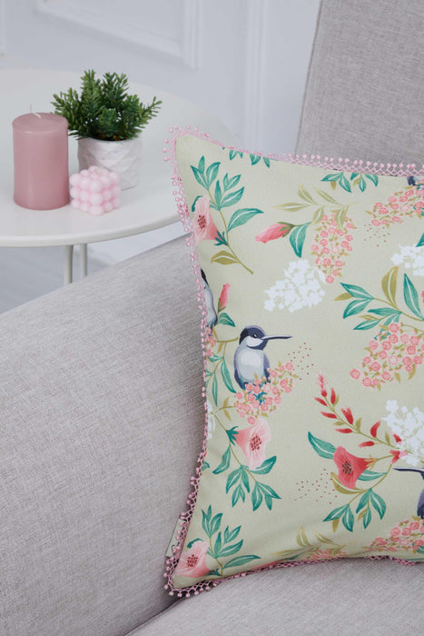 Charming Bird & Floral Pillow Cover, Pastel Pom-Pom Trim Cushion Cover, 18x18 Garden Chic Decorative Pillow for Cozy Home Interiors,K-312