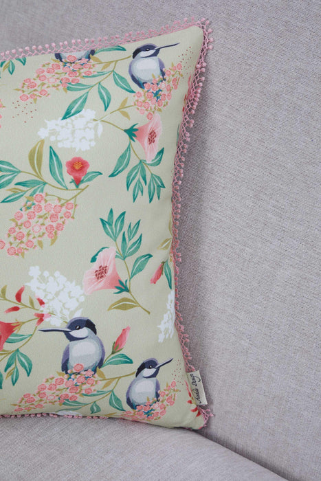 Charming Bird & Floral Pillow Cover, Pastel Pom-Pom Trim Cushion Cover, 18x18 Garden Chic Decorative Pillow for Cozy Home Interiors,K-312