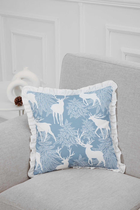 Winter Woodland Deer Pillow Cover, 18x18 Inches Ruffled Edge Cushion Cover, Blue Nature-Inspired Pillow Cover Decoration,K-313