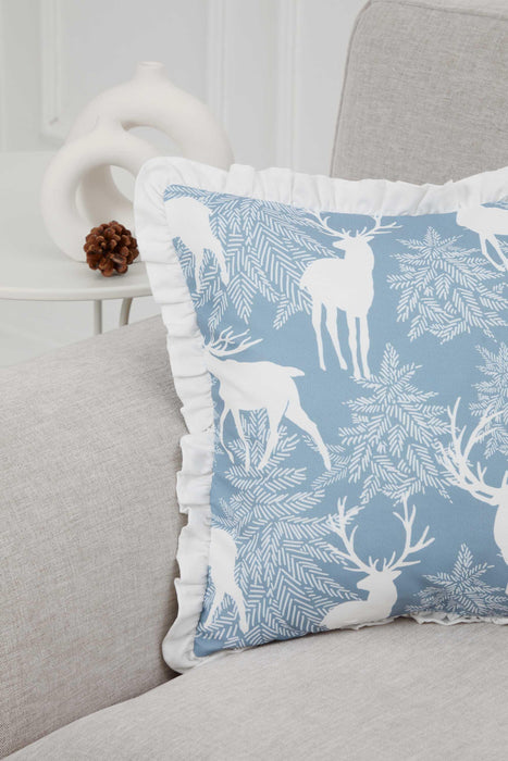 Winter Woodland Deer Pillow Cover, 18x18 Inches Ruffled Edge Cushion Cover, Blue Nature-Inspired Pillow Cover Decoration,K-313