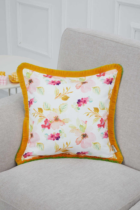 Floral Fringed Pillow Cover, Vibrant Blossom 18x18 Inches Cushion Cover for Living Room Decoration, Spring Square Pillow Cover Design,K-314