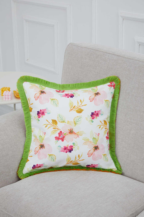 Floral Fringed Pillow Cover, Vibrant Blossom 18x18 Inches Cushion Cover for Living Room Decoration, Spring Square Pillow Cover Design,K-314