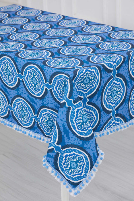 Boho Large Pom Pom Tablecloth with Beautiful Pattern Options, Aqua Paisley Modern Tablecloth, Vintage-Inspired Rectangle Table Cover,M-13K