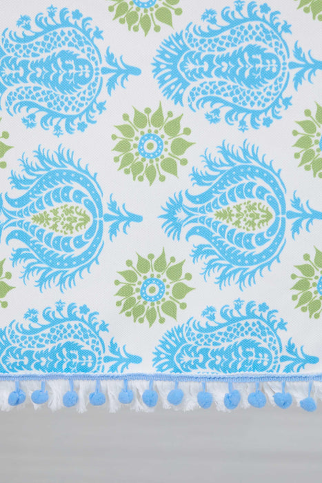 Boho Large Pom Pom Tablecloth with Beautiful Pattern Options, Aqua Paisley Modern Tablecloth, Vintage-Inspired Rectangle Table Cover,M-13K