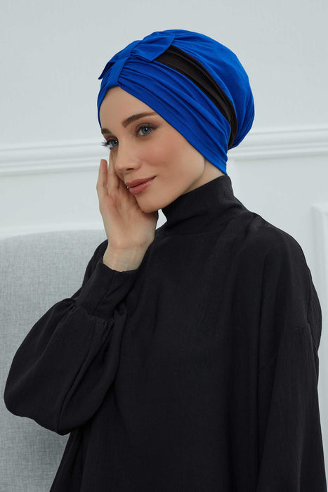 Pre-Tied Multicolor Instant Turban with Top Bowtie, Stylish Cotton Turban Hijab for Women, Stylish Double Colour Women Head Covering,B-77