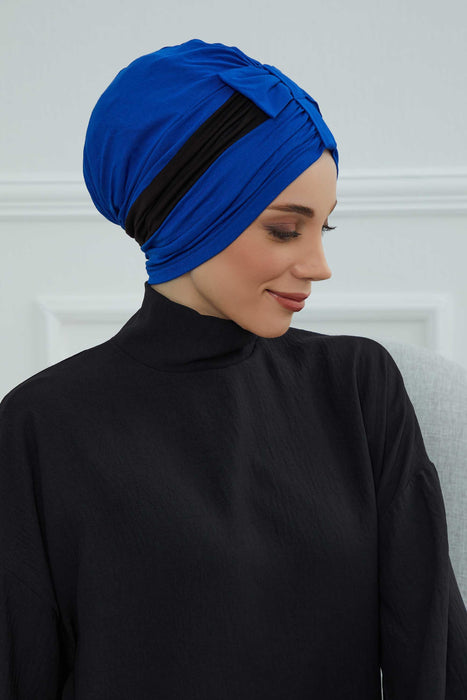 عمامة فورية متعددة الألوان مربوطة مسبقًا مع ربطة عنق علوية، حجاب عمامة قطني أنيق للنساء، غطاء رأس نسائي أنيق مزدوج اللون، B-77