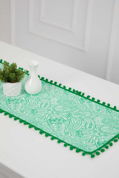 Printed Polyester Table Runner with Handmade Pom-poms 30 x 90 cm Handicraft Table Cloth for Dinner Table, Parties, Home Decoration,R-71K
