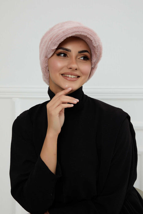 Velvety Plush Visor Turban for Women, Luxuriously Soft Handmade Instant Headwrap, Stylish Lightweight Plain Soft and Warm Visor Cap Hat,B-78