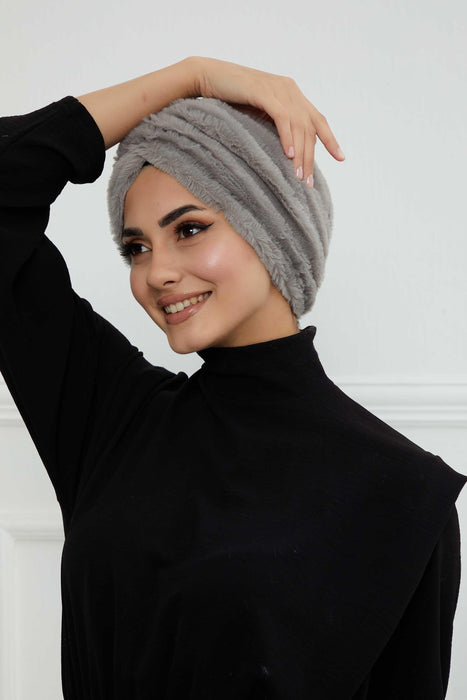 Comfy Fashionable Instant Turban for Women, Plush Pre-Tied Head Turban for Elegant Look, Easy Wrap Comfortable Plush Chemo Headwear,B-9PD Grey