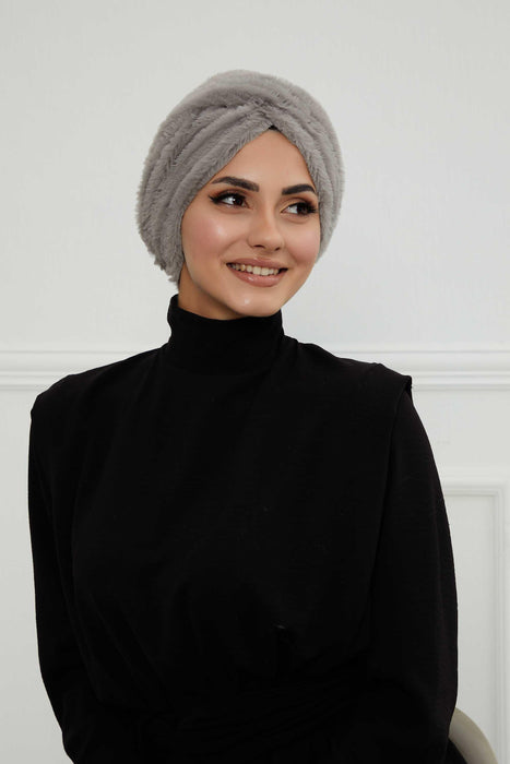 Comfy Fashionable Instant Turban for Women, Plush Pre-Tied Head Turban for Elegant Look, Easy Wrap Comfortable Plush Chemo Headwear,B-9PD Grey