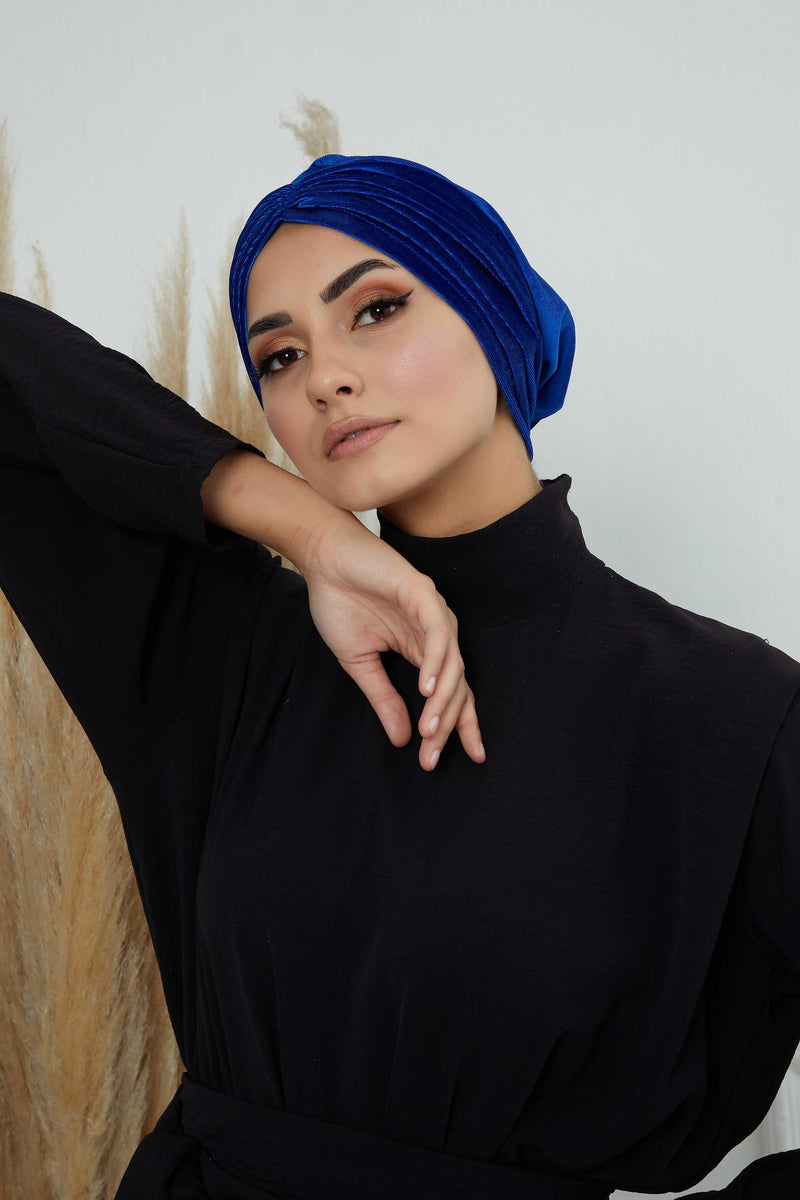 Velvet Shirred Instant Turban Headwrap, Soft Head Turban For Women Fashion Instant Turban Ready to Wear Pretied Chemo Headwear Hijab,B-13K Sax Blue