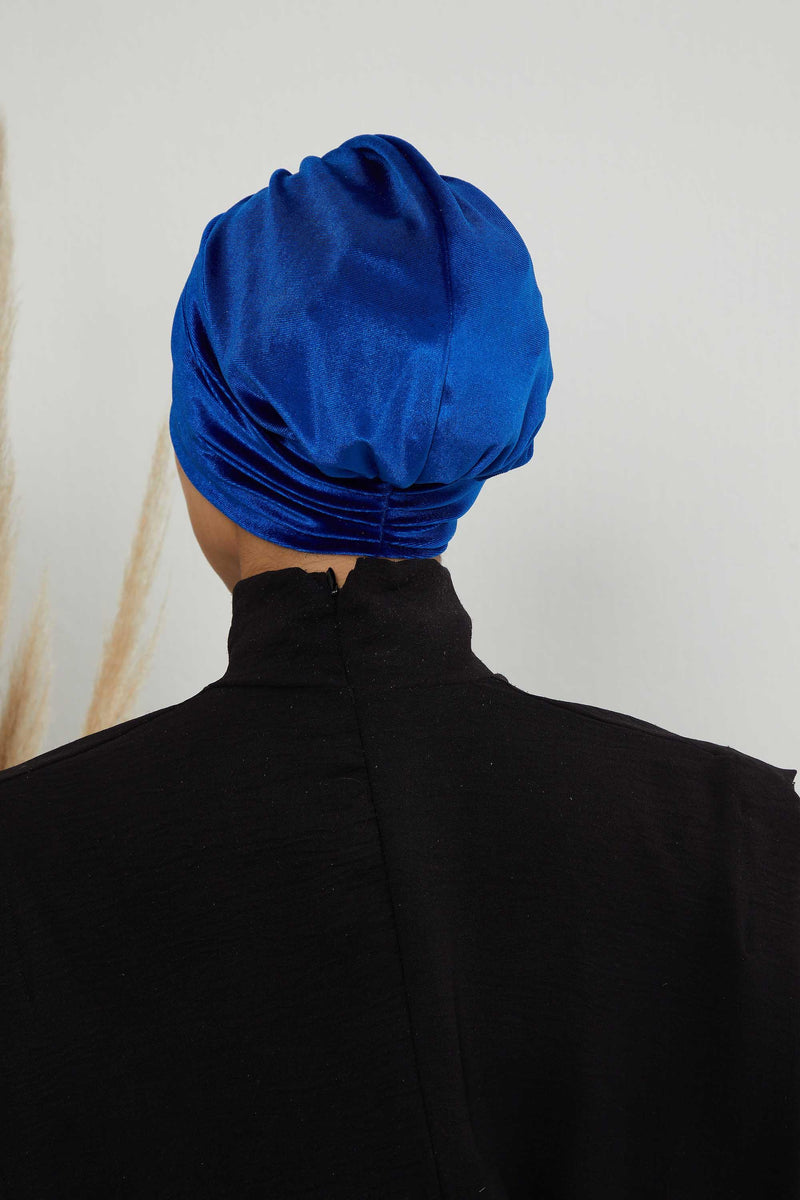 Velvet Shirred Instant Turban Headwrap, Soft Head Turban For Women Fashion Instant Turban Ready to Wear Pretied Chemo Headwear Hijab,B-13K Sax Blue