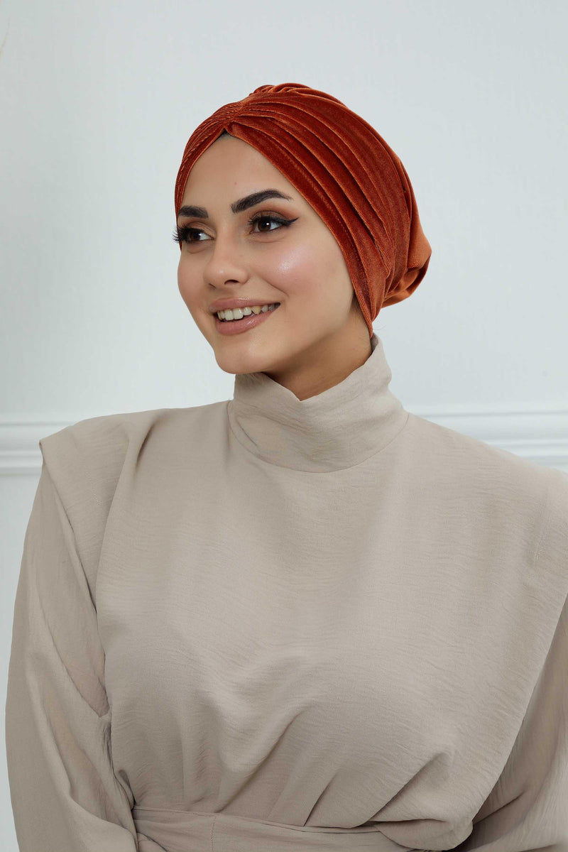 Velvet Shirred Instant Turban Headwrap, Soft Head Turban For Women Fashion Instant Turban Ready to Wear Pretied Chemo Headwear Hijab,B-13K Tile Red