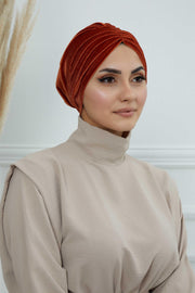 Velvet Shirred Instant Turban Headwrap, Soft Head Turban For Women Fashion Instant Turban Ready to Wear Pretied Chemo Headwear Hijab,B-13K Tile Red