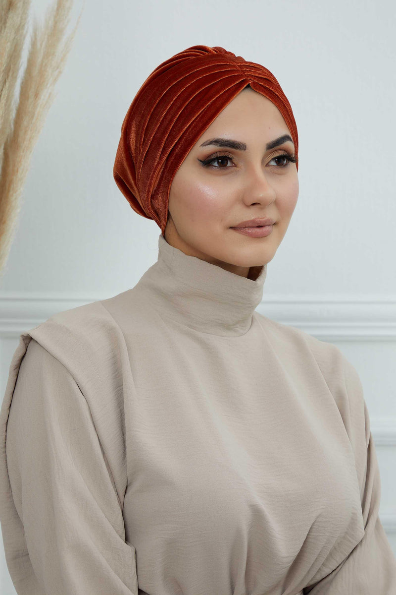 Velvet Shirred Instant Turban Headwrap, Soft Head Turban For Women Fashion Instant Turban Ready to Wear Pretied Chemo Headwear Hijab,B-13K Tile Red