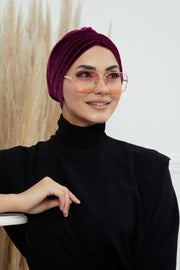 Velvet Shirred Instant Turban Headwrap, Soft Head Turban For Women Fashion Instant Turban Ready to Wear Pretied Chemo Headwear Hijab,B-13K Purple