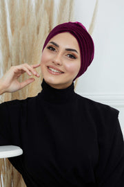 Velvet Shirred Instant Turban Headwrap, Soft Head Turban For Women Fashion Instant Turban Ready to Wear Pretied Chemo Headwear Hijab,B-13K Purple