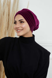 Velvet Shirred Instant Turban Headwrap, Soft Head Turban For Women Fashion Instant Turban Ready to Wear Pretied Chemo Headwear Hijab,B-13K Purple