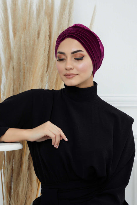 Velvet Shirred Instant Turban Headwrap, Soft Head Turban For Women Fashion Instant Turban Ready to Wear Pretied Chemo Headwear Hijab,B-13K