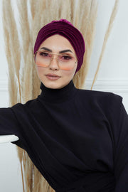 Velvet Shirred Instant Turban Headwrap, Soft Head Turban For Women Fashion Instant Turban Ready to Wear Pretied Chemo Headwear Hijab,B-13K Purple