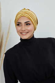 Velvet Shirred Instant Turban Headwrap, Soft Head Turban For Women Fashion Instant Turban Ready to Wear Pretied Chemo Headwear Hijab,B-13K Mustard Yellow