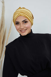 Velvet Shirred Instant Turban Headwrap, Soft Head Turban For Women Fashion Instant Turban Ready to Wear Pretied Chemo Headwear Hijab,B-13K Mustard Yellow