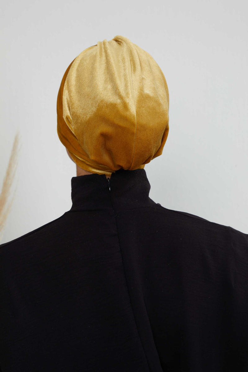 Velvet Shirred Instant Turban Headwrap, Soft Head Turban For Women Fashion Instant Turban Ready to Wear Pretied Chemo Headwear Hijab,B-13K Mustard Yellow