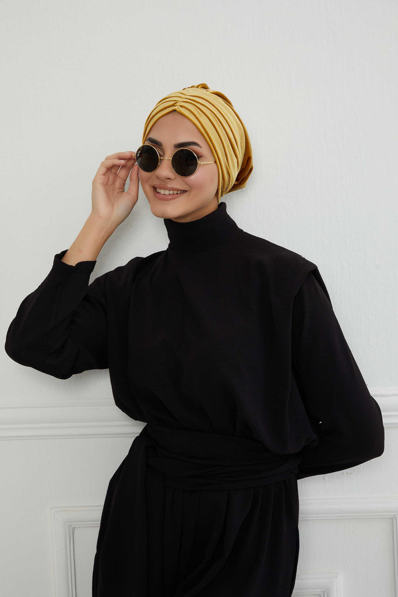 Velvet Shirred Instant Turban Headwrap, Soft Head Turban For Women Fashion Instant Turban Ready to Wear Pretied Chemo Headwear Hijab,B-13K Mustard Yellow