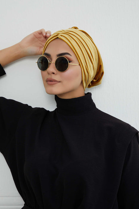 Velvet Shirred Instant Turban Headwrap, Soft Head Turban For Women Fashion Instant Turban Ready to Wear Pretied Chemo Headwear Hijab,B-13K Mustard Yellow