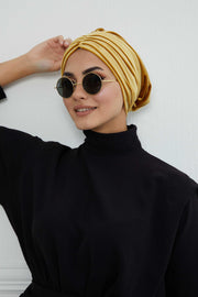 Velvet Shirred Instant Turban Headwrap, Soft Head Turban For Women Fashion Instant Turban Ready to Wear Pretied Chemo Headwear Hijab,B-13K Mustard Yellow