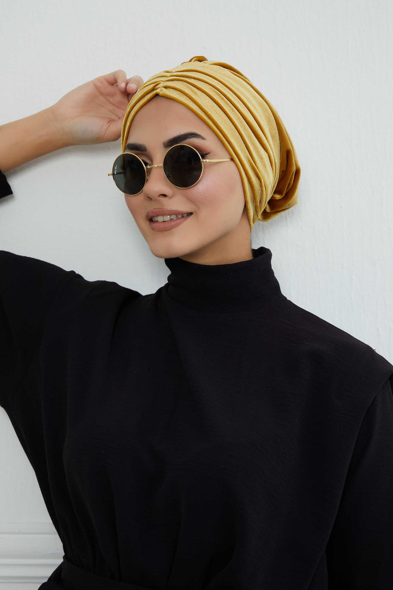 Velvet Shirred Instant Turban Headwrap, Soft Head Turban For Women Fashion Instant Turban Ready to Wear Pretied Chemo Headwear Hijab,B-13K Mustard Yellow