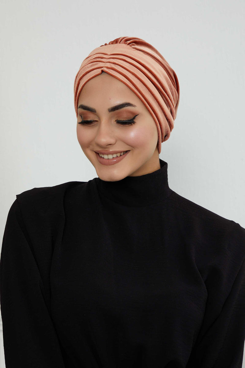 Velvet Shirred Instant Turban Headwrap, Soft Head Turban For Women Fashion Instant Turban Ready to Wear Pretied Chemo Headwear Hijab,B-13K Salmon