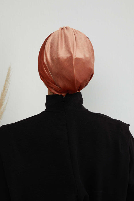 Velvet Shirred Instant Turban Headwrap, Soft Head Turban For Women Fashion Instant Turban Ready to Wear Pretied Chemo Headwear Hijab,B-13K Salmon