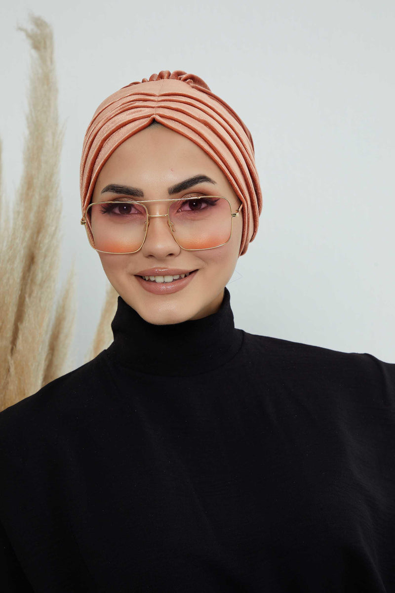 Velvet Shirred Instant Turban Headwrap, Soft Head Turban For Women Fashion Instant Turban Ready to Wear Pretied Chemo Headwear Hijab,B-13K Salmon