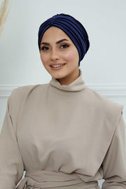 Velvet Shirred Instant Turban Headwrap, Soft Head Turban For Women Fashion Instant Turban Ready to Wear Pretied Chemo Headwear Hijab,B-13K Navy Blue