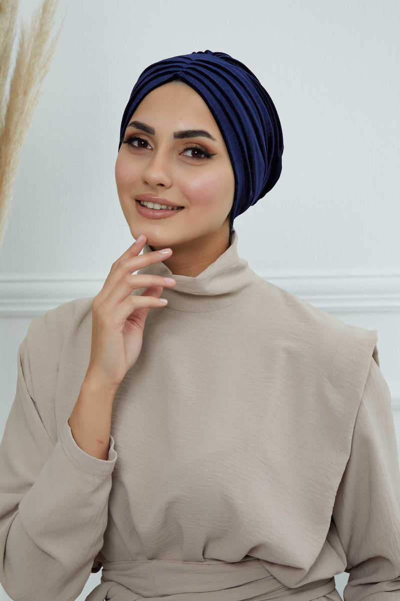 Velvet Shirred Instant Turban Headwrap, Soft Head Turban For Women Fashion Instant Turban Ready to Wear Pretied Chemo Headwear Hijab,B-13K Navy Blue