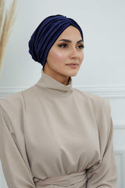 Velvet Shirred Instant Turban Headwrap, Soft Head Turban For Women Fashion Instant Turban Ready to Wear Pretied Chemo Headwear Hijab,B-13K Navy Blue