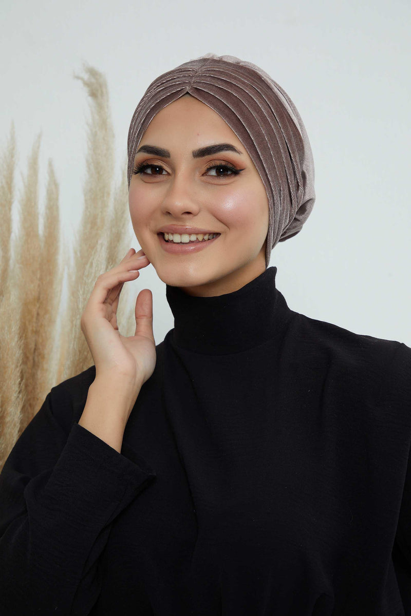 Velvet Shirred Instant Turban Headwrap, Soft Head Turban For Women Fashion Instant Turban Ready to Wear Pretied Chemo Headwear Hijab,B-13K Mink