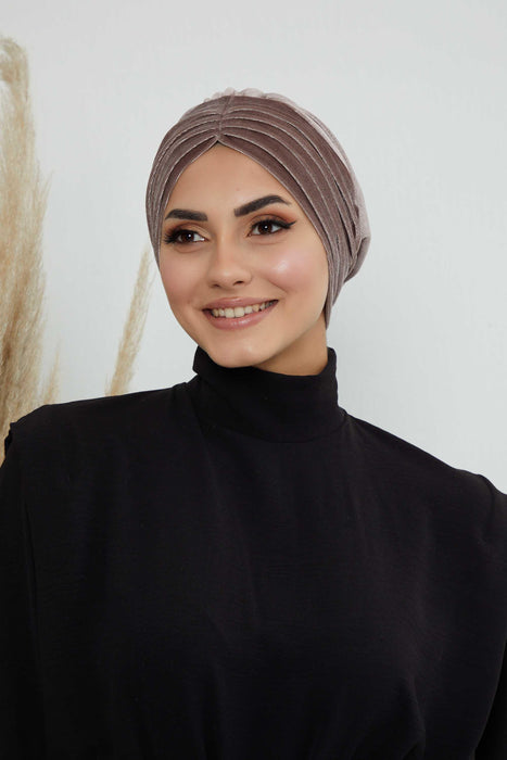 Velvet Shirred Instant Turban Headwrap, Soft Head Turban For Women Fashion Instant Turban Ready to Wear Pretied Chemo Headwear Hijab,B-13K Mink