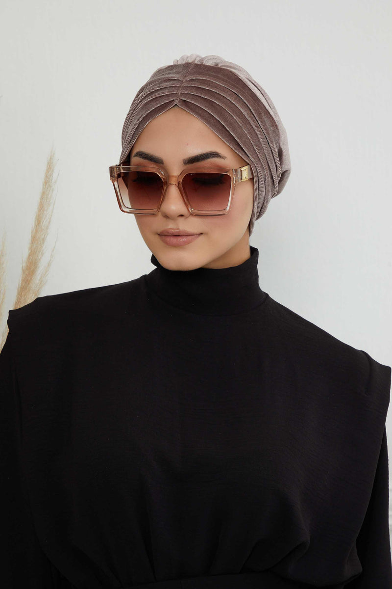 Velvet Shirred Instant Turban Headwrap, Soft Head Turban For Women Fashion Instant Turban Ready to Wear Pretied Chemo Headwear Hijab,B-13K Mink