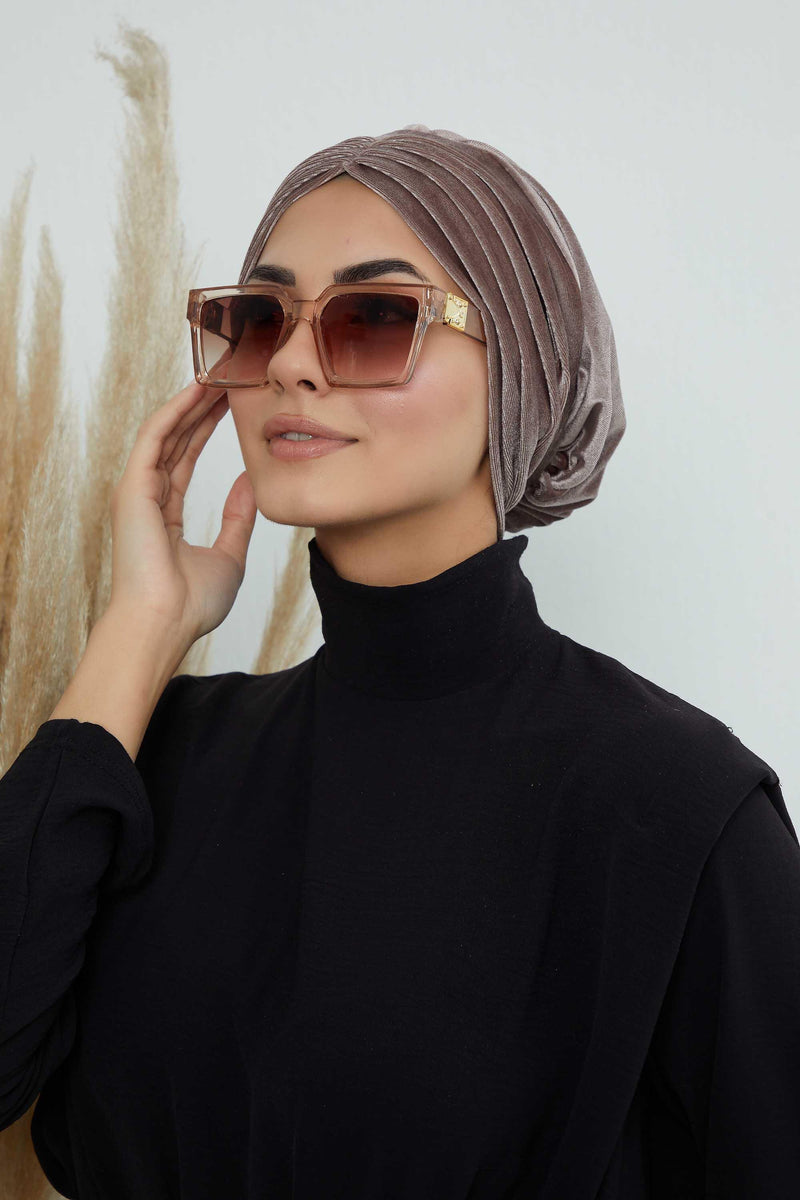 Velvet Shirred Instant Turban Headwrap, Soft Head Turban For Women Fashion Instant Turban Ready to Wear Pretied Chemo Headwear Hijab,B-13K Mink