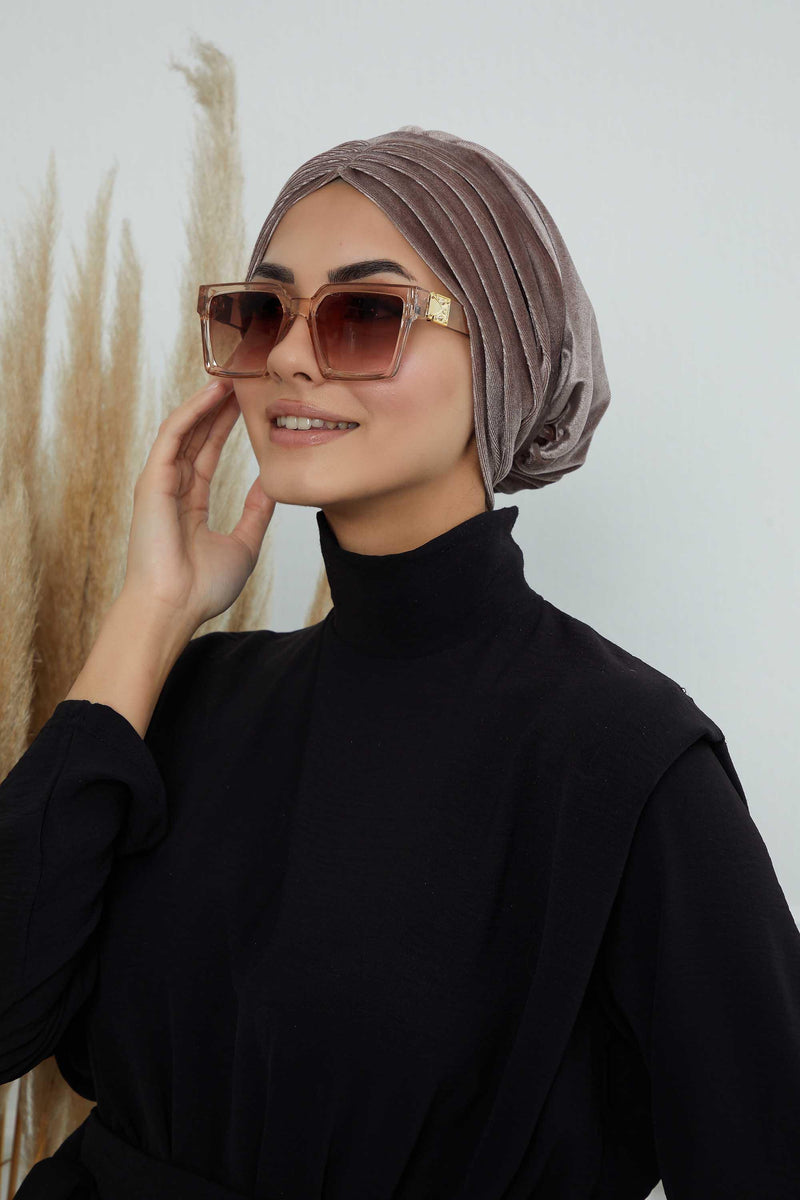 Velvet Shirred Instant Turban Headwrap, Soft Head Turban For Women Fashion Instant Turban Ready to Wear Pretied Chemo Headwear Hijab,B-13K Mink