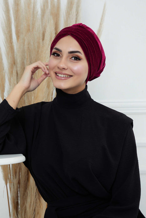 Velvet Shirred Instant Turban Headwrap, Soft Head Turban For Women Fashion Instant Turban Ready to Wear Pretied Chemo Headwear Hijab,B-13K