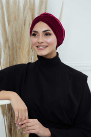 Velvet Shirred Instant Turban Headwrap, Soft Head Turban For Women Fashion Instant Turban Ready to Wear Pretied Chemo Headwear Hijab,B-13K Maroon