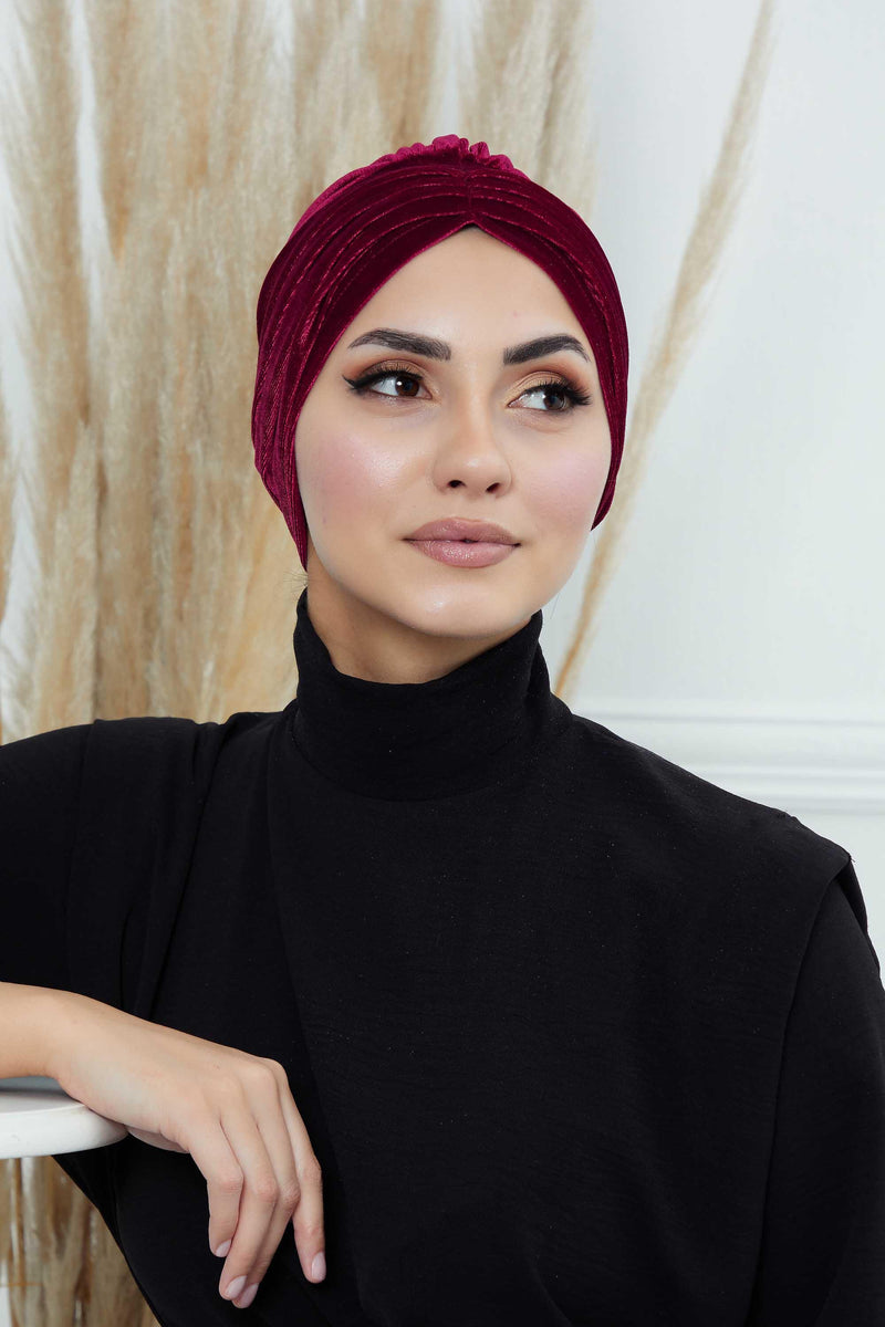 Velvet Shirred Instant Turban Headwrap, Soft Head Turban For Women Fashion Instant Turban Ready to Wear Pretied Chemo Headwear Hijab,B-13K Maroon
